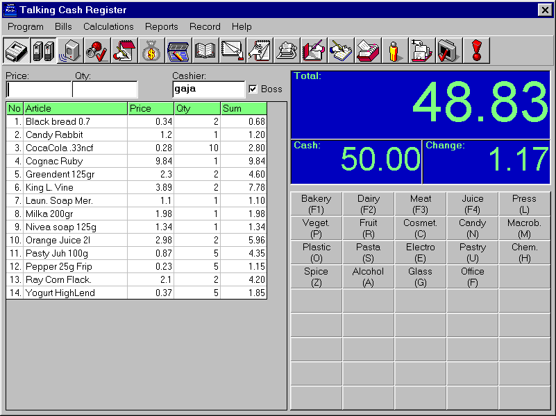 Talking Cash Register Main Screen